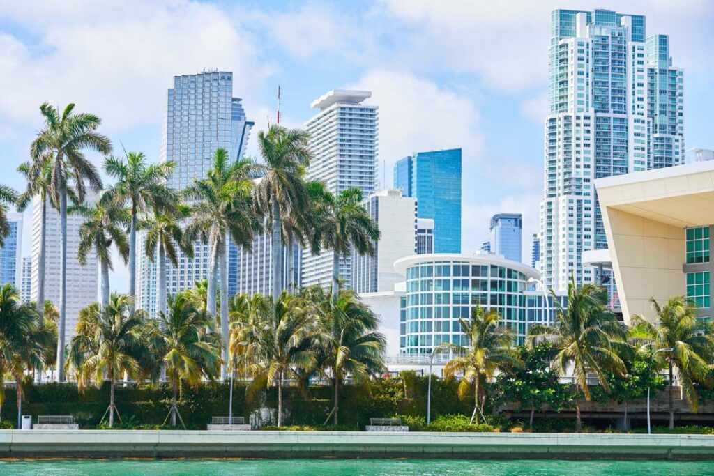 Aerial view of Miami skyline and residential district symbolizing a shifting real estate market in 2025.